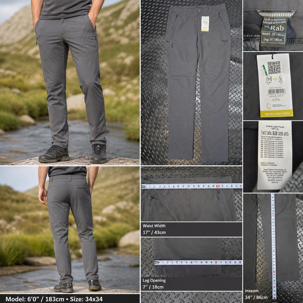 Rab Mens Incline Light Pants Anthracite Grey Hiking Outdoor QFV-05 34x34 NEW